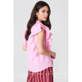 Venda quente de algodão rosa babado sem mangas camisa de verão Blusa Fabricação Atacado Moda Feminina Vestuário (TA0035B)